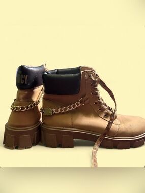 Juicy Couture Tan and Black Leather Chain-Trim Combat Boots